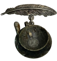 Vintage Top Shelf Jewelry Teacup and Feather Pin - $9.49