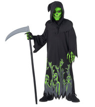 Glow Grim Reaper Boys Halloween Costume Size 8 Black Robe Hood Mask Glov... - £18.82 GBP