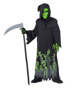 Glow Grim Reaper Boys Halloween Costume Size 8 Black Robe Hood Mask Glov... - £18.66 GBP