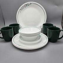 Vintage Corelle Rosemarie dinnerware 16-pc With Green Mugs 1990&#39;s - $168.29