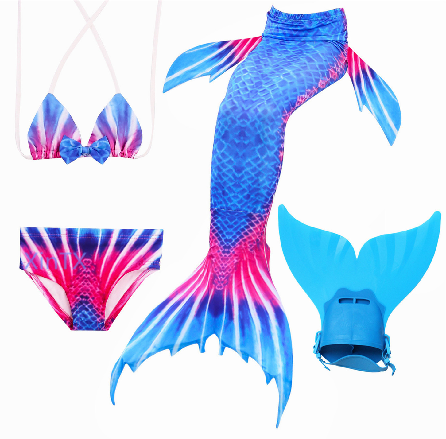 4PCS/Set Blue Swimmable Mermaid Tail With Monofin Girl Swimwear Costume swimsuit