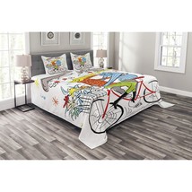 Colorful Bedspread, Boy And Girl On Bicycle With Flowers And Music Notes Cheerfu - £43.15 GBP