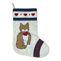 Cat Christmas Stocking 15&quot;  Quilted Brown Kitty Kitten Heart 1980s Kurt ... - $17.26 CAD