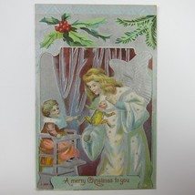 Christmas Postcard Angel Gives Jumping Jack Toy to Child Silver Embossed Antique - £11.73 GBP
