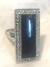 Vintage Sterling Silver Onyx &amp; Marcasite Ring  Adjustable  Size 6.5 to 7  6.8g - £45.85 GBP