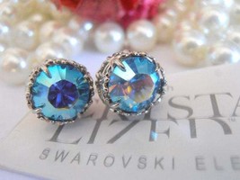Swarovski Stud Earrings / Aquamarine AB / Filigree Post Earrings / Pierced Art D - £25.64 GBP