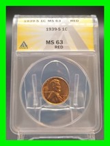 1939-S Lincoln Cent Penny 1c ~ Anacs MS-63 Red - £31.14 GBP