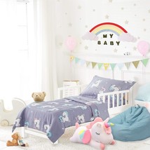 Unicorn 4 Piece Toddler Bedding Set With Rainbow Stars Blue-Gray - Includes Ador - £36.75 GBP