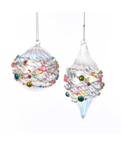 Kurt Adler Set Of 2 Glass 3.25&quot; BALL/FINIAL Multicolored Beaded Ornaments T2083 - £14.81 GBP
