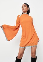 Missguided Crinkle Long Sleeved High Neck Dress in Orange UK 6 (msgd10) - £21.72 GBP