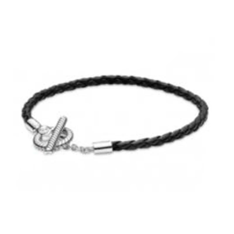 Braided Leather T-bar Bracelet New 100% 925 Sterling Silver Moments Bracelet Fit - £30.77 GBP