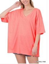 Zenana  Small Cotton Oversized Drop Shoulder Boxy Boyfriend V Neck Tee Top Coral - $15.35