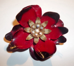 Striking Big Vintage Layered Enamel Flower Pin Aurora Borealis Rhinestone Stamen - $9.89