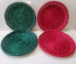 4 Vintage Wicker Rattan Red Green Paper Plate Holders 10&quot;  - £16.25 GBP