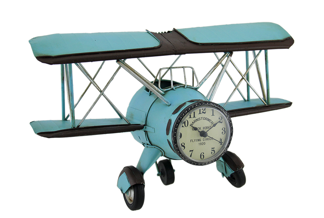 Primary image for Scratch & Dent Blue Barnstormer Retro Biplane Wall Clock Sculpture 12 Inch