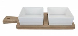 Serving Board With Two Square Ceramic Dishes Bamboo Serving Tray Sauce 2 Pcs Set - £11.80 GBP