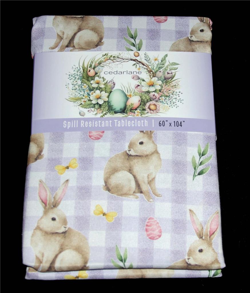 Spring Bunnies Floral Lavender Checkered Spill Resistant Tablecloth 60 x... - $28.99