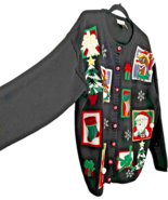 Rudolph Yarnworks women&#39;s ramie+cotton black cardigan ugly christmas swe... - $23.98 CAD