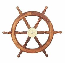 Nautical Wall 6 spoke replica Teak 24&quot; Wooden Ship Steering Wheel Brass Center - £51.95 GBP