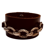 MENS LEATHER BRACELET w/SILVER HOOP CHAIN, DOUBLE SNAP CLOSER ~ SIZE 8&quot; ... - $36.48 CAD