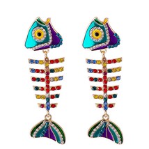 Vintage Metal Gold Plated Enamel Earrings Fish Shape Long Drop Earrings Women&#39;s  - £9.14 GBP