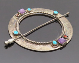 NAVAJO 925 Silver -Vintage Round Multi Stone Twisted Rope Kilt Pin - TR3576 - $134.87