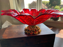 Vintage Red Murano Glass Italy Iridescent Lustre Vetro Footed Centrepiece Bowl - $230.85