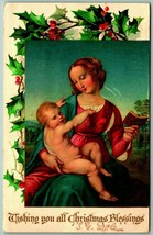 Mary w Baby Jesus Painting Holly Border Christmas Blessings 1909 DB Postcard I7 - £5.31 GBP