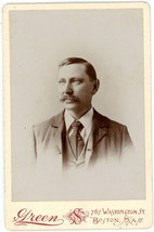 Antique Circa 1880s Cabinet Card Green Handsome Man With Mustache Boston, MA - £9.57 GBP