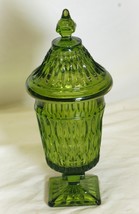 Indiana Green Glass Candy Dish Diamond Point Pedestal Lidded Compote - $402.48 MXN