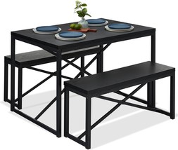 Modern 3-Piece Dining Set - Metal Frame Black Wood Top Table and 2 Bench Chairs - £259.03 GBP