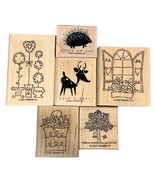 6 Stampin&#39; Up! Wooden Rubber Stamps Flowers Deer Porcupine Tree Swing Wi... - $13.79