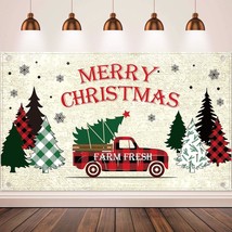 Merry Christmas Red Truck Photography Banner Buffalo Plaid Backdrop Xmas Tree Fa - £12.82 GBP