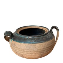 Vintage Large Ceramic Pottery Vase Planter Handles Navy Glaze Round Signed FLAW - £30.38 GBP