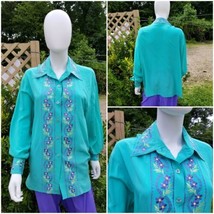 Vintage 80s DVF silk mint green blouse w lavender floral embroidery L - £30.85 GBP