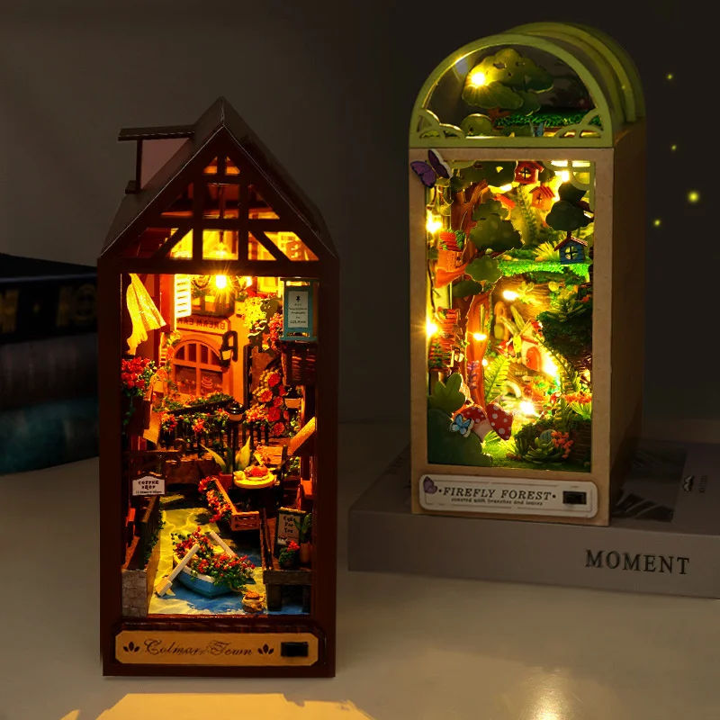 DIY Wooden Book Nook Shelf Insert Kit Miniature Fairy Tale Town Bookshelf Forest - £32.31 GBP+