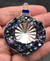 VTG Silver Tone Purple Christmas Ornament Brooch Pin Pendant 1.75&quot; x 2.5&quot; - £9.53 GBP