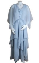 70s Miss Elliette Smoky Blue Layered Chiffon Cape Dress Fitted Flowy Fai... - £125.08 GBP