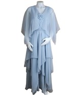 70s Miss Elliette Smoky Blue Layered Chiffon Cape Dress Fitted Flowy Fai... - £125.10 GBP