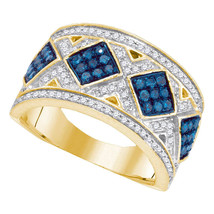 10k Yellow Gold Round Blue Color Enhanced Diamond Diagonal Square Cluster Band - $559.00