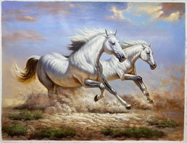 Two Galloping White Horses Handmade Oil Painting Unmounted Canvas 36x48 inches - £730.76 GBP