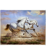 Two Galloping White Horses Handmade Oil Painting Unmounte... - £716.82 GBP
