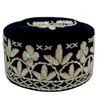 Silver Beaded Traditional Igbo Nigerian Kufi Velvet Chieftain Black Hat - £59.95 GBP