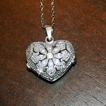 Diamond Alternatives Heart Locket Pendant Necklace 14k White Gold over 925 SS - £54.05 GBP