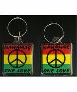 VINTAGE BAHAMAS SQUARE PLASTIC PEACE SYMBOL ONE LOVE KEY RING - $9.95