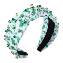 St.Patrick s Day Headband Green Shamrock Print Rhinestone Cross Knotted Turban H - £24.95 GBP