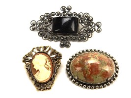 Lot of 3 Sweater Pins, Cameo, Cabochon, Filigree, Fashion Jewelry, JWL-404 - £15.57 GBP