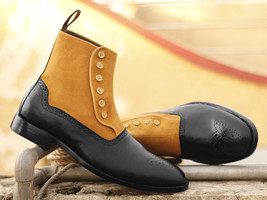 Handmade Men Tan Black Leather Suede Brogue Toe Button Boots, Men Designer Boots - £128.97 GBP