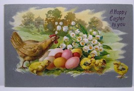 Easter Postcard Chicks Hen Rooster Tucks 707 Church Lilies Of The Valley Vintage - £6.25 GBP