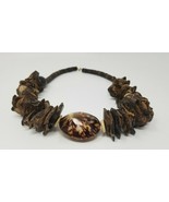 Necklace Faux Tiger Shell Geometric Vintage Handmade Brown Nature Wood  - $18.95